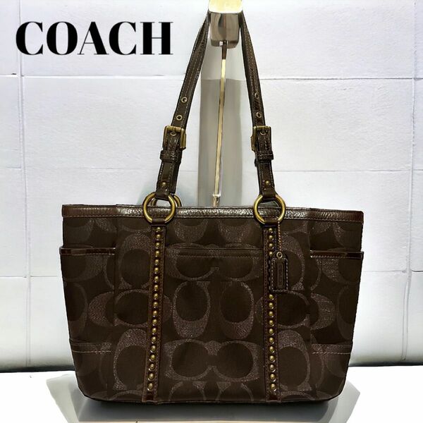 【美品】COACH シグネチャー スタッデッド トートバッグ キャンバス レザー 肩掛け可能