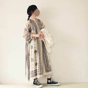 CRAFT STANDARD BOUTIQUE＊パネルエスニックプリントインド綿ロングワンピース ベージュ クラフトスタンダードブティック＊