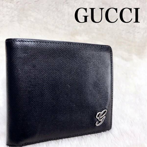 GUCCI グッチ ロゴ 金具 折り財布 レザー 黒 コンパクトウォレット