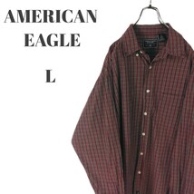 AMERICAN EAGLE アメリカンイーグル 長袖ボタンダウンシャツ 裾ロゴ レッド系 他 チェック メンズ Lサイズ_画像1