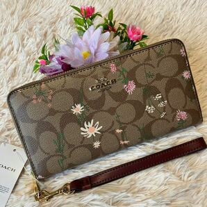 新品未使用 COACH 茶色　ブラウン　花柄　シグネチャー　人気　長財布