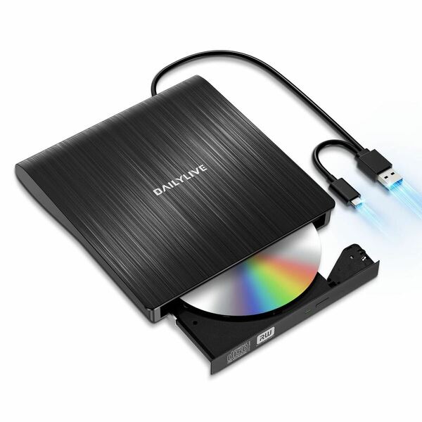 外付けDVD/CDドライブ DVDレコ DVD-Rプレイヤー USB3.0&Type-C両用 内蔵ケーブル Window/Linux/Mac OS対応 読み出し&書き込み エラー校正