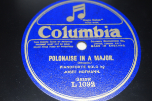  英Columbia12インチSP盤 ヨーゼフ・ホフマン(pf) ショパン「POLONAISE IN A MAJOR.」ラフマニノフ「PRELUDE IN G SHARP MINOR.」L 1092