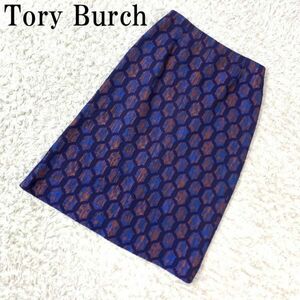 Tory Burch トリーバーチ総柄タイトスカートネイビーイベント セレモニー ポケット無 スリット無 ハニカム柄 ０ B5107