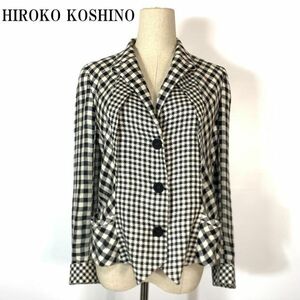 ヒロココシノシルクチェックデザインジャケットブラック×ホワイトHIROKO KOSHINO スナップボタン開閉 ポケット有 40 B5399