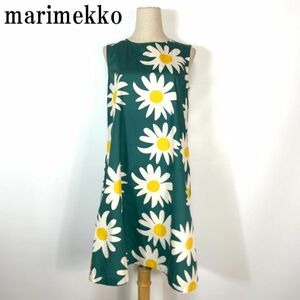 マリメッココットン100％花柄ノースリーブワンピースグリーンmarimekko カジュアル ポケット有 36 B5433