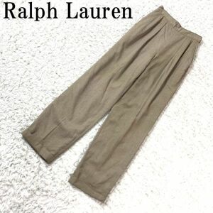 ラルフローレンタック入りカジュアルパンツブラウンRalph Lauren ポケット有 サイドボタン スラックス ビジネス オフィス 160A B5480