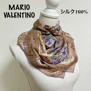 MARIO VALENTINO マリオ バレンチノ　シルクスカーフ　シルク100% ピンク　ゴールド　花柄　薔薇　大判 all SILK 大判ストール