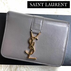 人気品 / SAINT LAURENT サンローラン YSLラインラージジップウォレット 二つ折り財布 レザー グレー カサンドラ