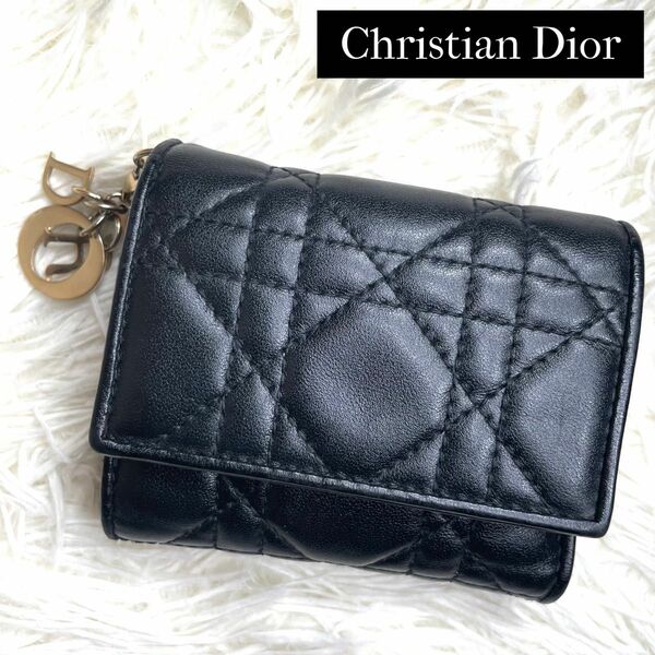 極美品 / Dior クリスチャンディオール レディディオールロータスウォレット 三つ折り財布 カナージュライン ブラック