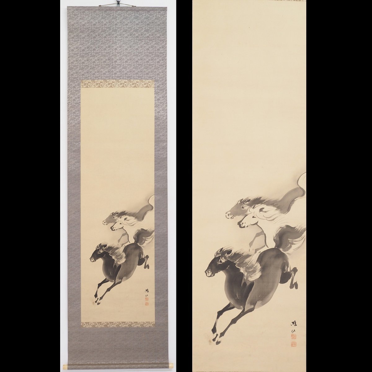 [Authentisches Werk] [Toka-an] [Kondo Bosen] 14791 Hängerolle, Japanische Malerei, „Kriegerisches Pferdebild, verpackt, Seide, Blumen- und Vogelbilder, Kumamoto, Higo, vom Meister unterschrieben, Sesshu Sugitani, Malerei, Japanische Malerei, Blumen und Vögel, Vögel und Tiere