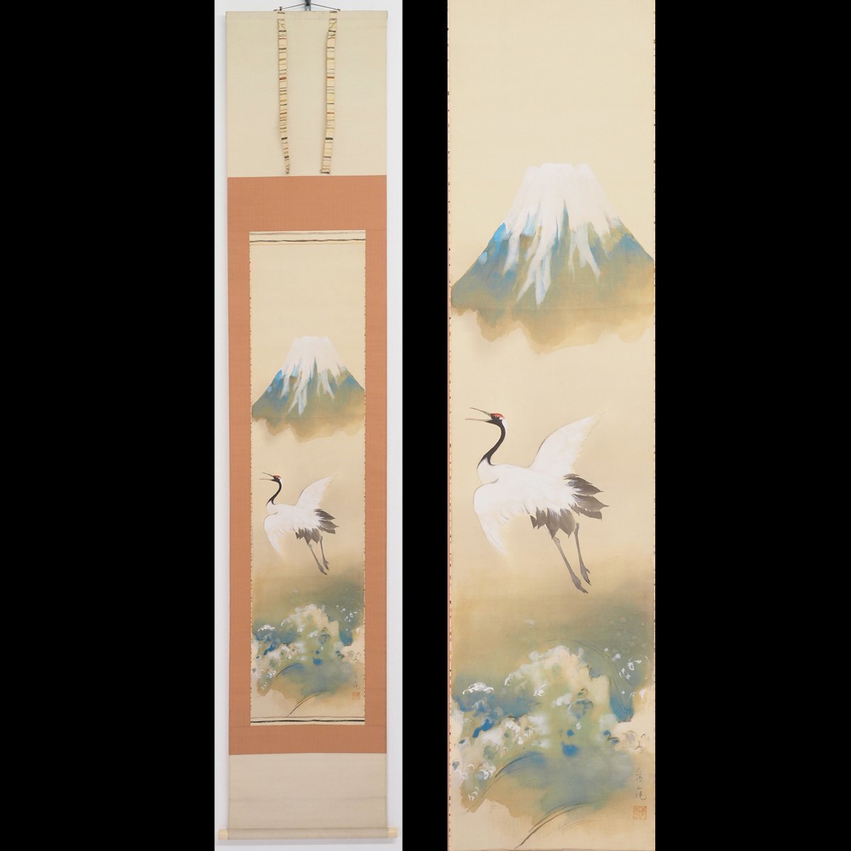 [Authentic] [Watarikan] [Fukuoka Seiran] 14680 Hanging scroll Japanese painting Tokai Sanpaku Double box with box Silk landscape painting Kumamoto Higo Signed, Painting, Japanese painting, Landscape, Wind and moon