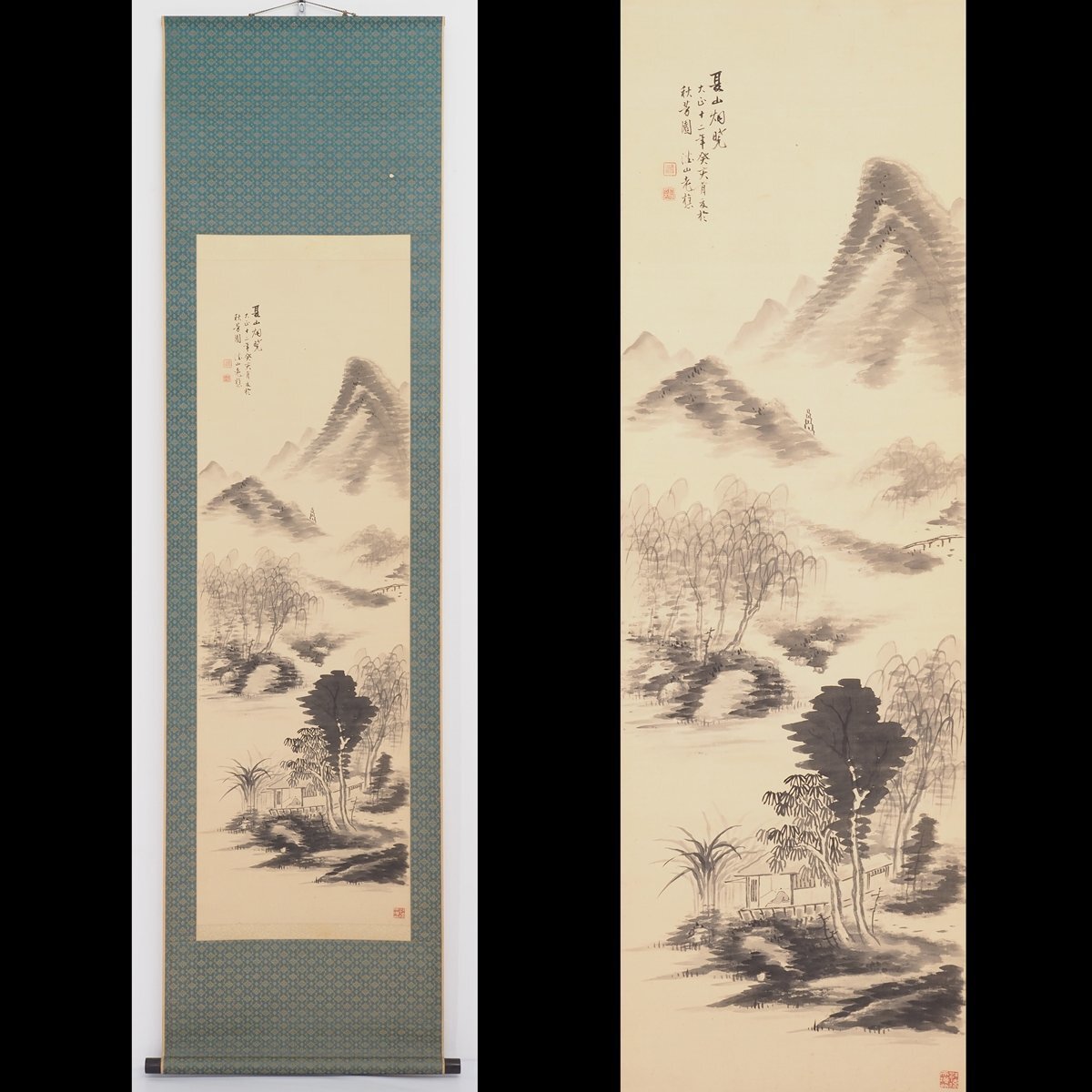 【真作】【渡鹿庵】[牧野淡山] 14976 掛軸 日本画 夏景山水画 合箱 絹本 風景画 熊本 肥後 師梶山九江 帆足杏雨 在銘, 絵画, 日本画, 山水, 風月