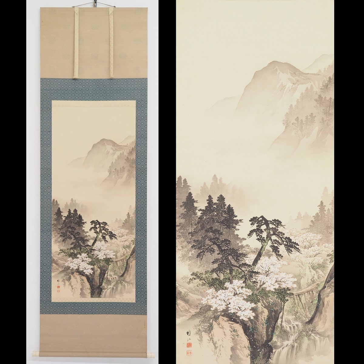 [Auténtico] [Watarikan] [Kondo Shosen] 14855 Pergamino colgante Pintura japonesa Paisaje primaveral Seda en caja Pintura de paisaje Kumamoto Higo Maestro Sugitani Setsusho Inscrito, Cuadro, pintura japonesa, Paisaje, viento y luna