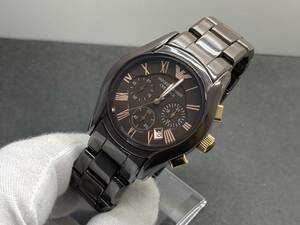 １円～稼働品 EMPORIO ARMANI CERAMICA/エンポリオ アルマーニ セラミカ クロノグラフ ブラウン AR-1446 メンズ腕時計 QZ 【YB-0822】