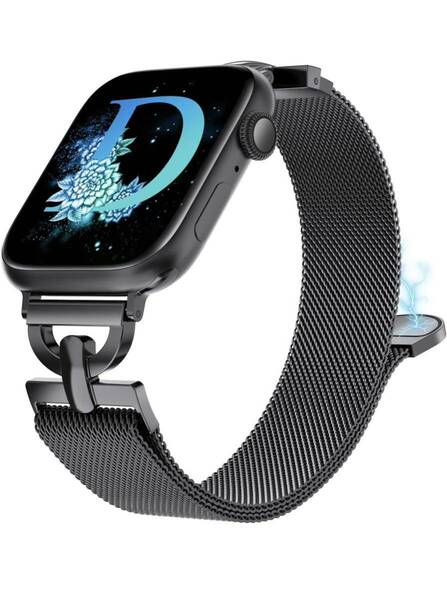 Apple Watch バンド/アップルウォッチバンドDバックル ステンレス磁石磁気マグネット42/44/45/49mm 男女兼用　黒　新デザイン