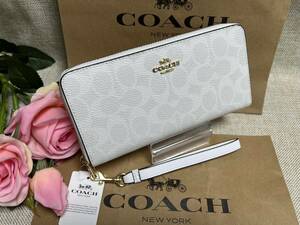 コーチ COACH 長財布 財布 シグネチャー ロング ジップ アラウンド ウォレット チョーク×グレイシャーホワイト ストラップ付き C4452 A061