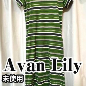 未使用　Avan Lily アヴァンリリィ　半袖　ボーダー　タイト　ワンピ　緑　グリーン　膝丈　ひざ丈　ロング