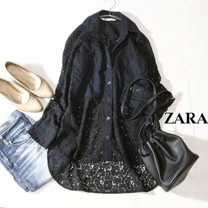 美品 ZARA ザラ オーバーサイズ ゆったり可愛い 透けレース ブラウス S 春 夏 24A03