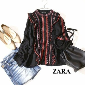 美品 ザラ ウーマン ZARA WOMAN PREMIUM DENIM COLLECTION 大人可愛い フリル 刺繍入り 柔らかブラウス S 春 夏 24E03