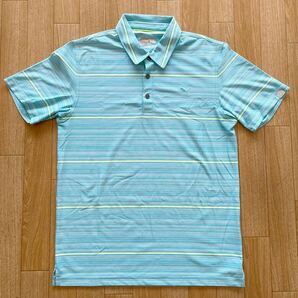 美品 PUMA GOLF プーマ ゴルフ ボーダー ストレッチ 半袖 ゴルフシャツ ポロシャツ 水色 メンズ XLサイズ 刺繍ロゴ 春夏モデルの画像1