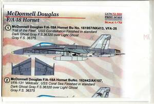 新製品　1/72 Print Scaleプリントスケールデカール　72-500　Hornet FA-18A