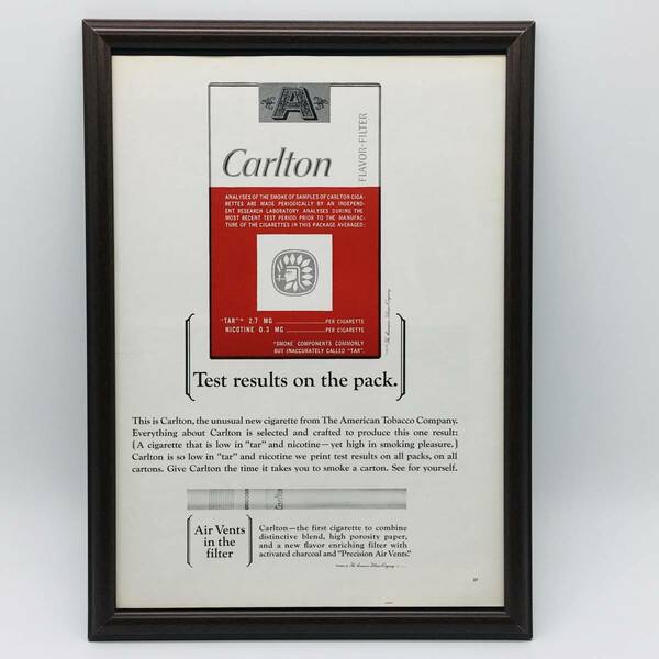 『カールトン 煙草 』ビンテージ 広告　60年代　フレーム 付 ポスター 当時物 額付 LIFE 雑誌 アンティーク Carlton