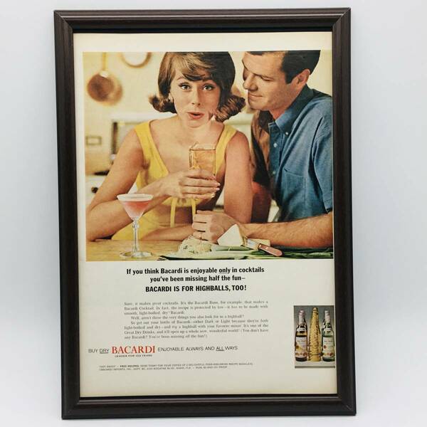 『 バカルディ― 』ビンテージ 広告　60年代　フレーム 付 ポスター 当時物 額付 LIFE 雑誌 アンティーク NACARDI