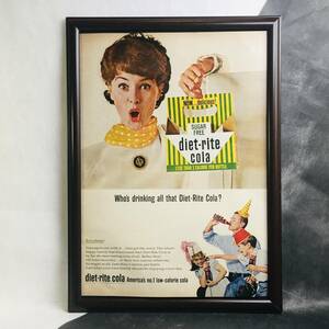 『 ダイエットライト コーラ 』ビンテージ広告　1960年代　当時物　Ｂ4　フレーム付 LIFE 雑誌 広告 ポスター 額付 アンティーク