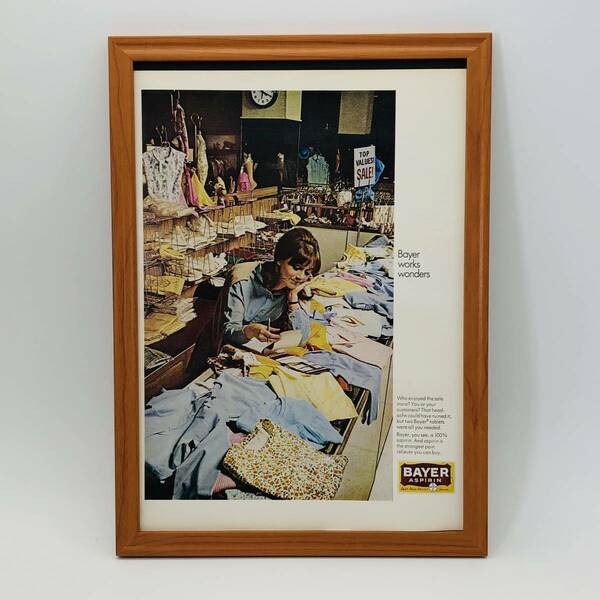 『 バイエル アスピリン　BAYER 』ビンテージ 広告　60年代　フレーム 付 ポスター 当時物 額付 LIFE 雑誌 アンティーク オリジナル