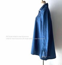 新品【送料185円】爽やかなボタニカル 綺麗刺繍*ソフトデニム*前開きボタン ロングシャツ*チュニック*羽織としても最適3788.BLUE_画像6