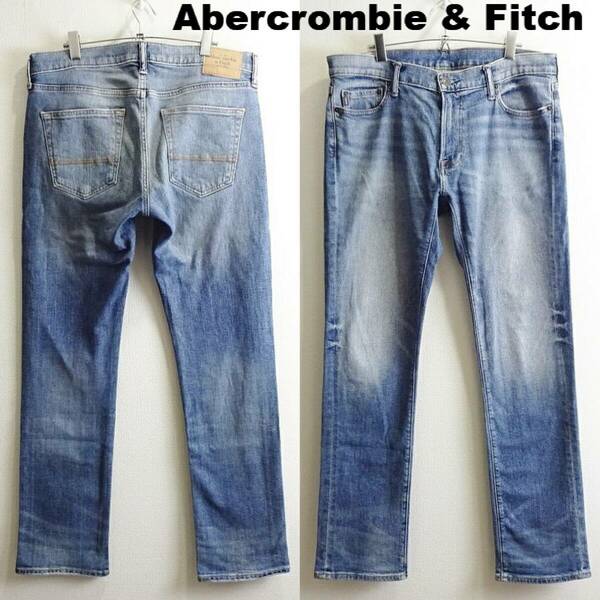 即決★ 送料無★ アバクロンビー&フィッチ　スリムストレートデニム　W93cm　強ストレッチ　淡青　Abercrombie & Fitch　H148