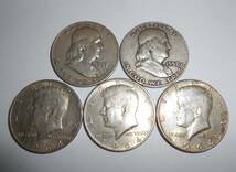 アメリカ合衆国 ハーフダラー銀貨 5枚 総重量約62g 1957/1958/1964×3 フランクリン ケネディ コイン 品位90％ 銀900_画像1