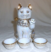 猫モチーフ 陶製 茶器セット ポット/カップ×3 水注 昭和レトロ 金彩 ラスター彩 猫ちゃん ネコ ねこ_画像3