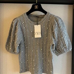 新品未使用タグ付き　ZARA パフスリーブ　パール　ニット セーター Tシャツ カットソー