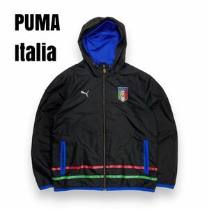 PUMA プーマ サッカー イタリア代表 ウインドブレーカー フード ブラック×ブルー バックプリント L