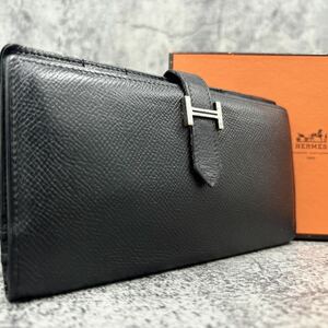 【極美品 付属品付】HERMES エルメス べアン スフレ 刻印 二つ折り 長財布 黒 ブラック ゴールド金具 本革 レザー Hロゴ ビジネス メンズ