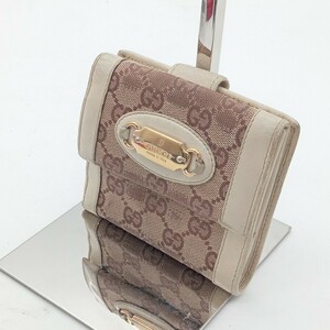 曽我部3月No.124 財布 GUCCI グッチ 二つ折り財布 ウォレット ホワイト×ブラウン系 レザー キャンバス ゴールド金具 