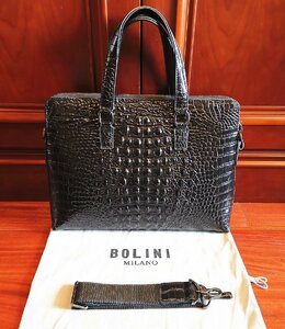 最高級逸品20万◆イタリア・ミラノ発*BOLINI/ボリニ・最上級牛革・クロコダイル*ビジネスバック/ブリーフケース・黒