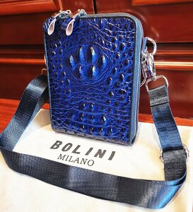 逸品*16万◆イタリア・ミラノ発*BOLINI/ボリニ・最上級牛革・クロコダイル*ショルダーバッグ/リュックサック・紺