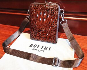 逸品*16万◆イタリア・ミラノ発*BOLINI/ボリニ・最上級牛革・クロコダイル*ショルダーバッグ/リュックサック・茶色