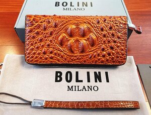 逸品*イタリア製※定価15万◆イタリア・ミラノ発*BOLINI/ボリニ・最上級牛革・クロコダイル*ラウンドファスナー 長財布・黄色い