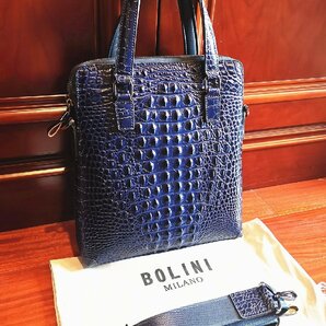 最上級逸品※定価18万◆イタリア・ミラノ発*BOLINI/ボリニ・最上級牛革・クロコダイル*トートバッグ/紺の画像1