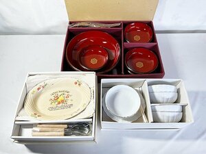 未使用 お皿類 3セット 今成漆器 和食器 洋食器 ケーキ皿 盛皿 カトラリー付き 箱付き IK-046 (三)