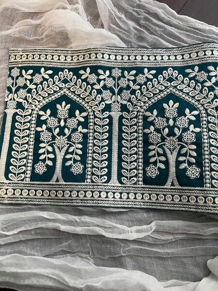 インド刺繍リボン超極太19cmディープグリーン 50cm おまとめ割有りハンドメイド和装着物帯