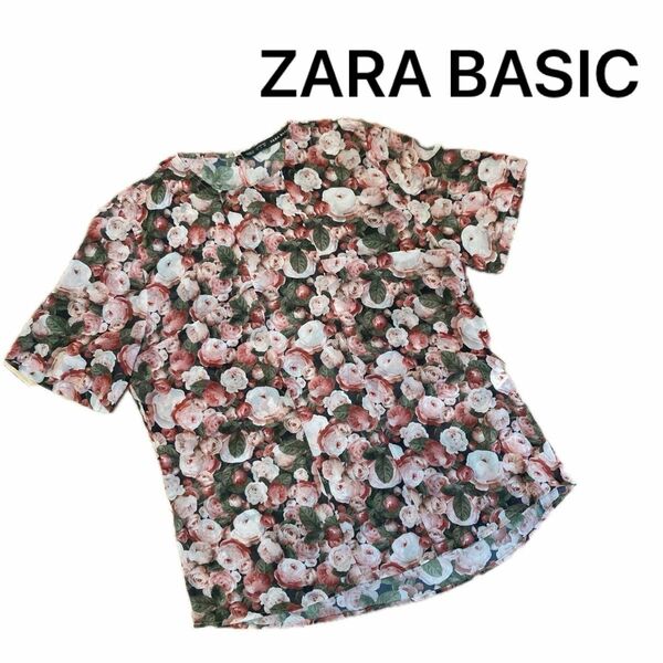 【ZARA BASIC】 花柄　半袖ブラウス　レディース　Lサイズ