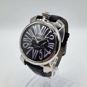 1円 GAGA MILANO ガガミラノ マヌアーレ レザー 46mm QZ 黒文字盤 腕時計 ウォッチ 5084 黒革 クォーツ パープル 紫色 