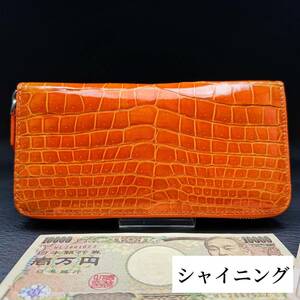 シャイニング仕上げ クロコダイル 長財布(ラウンドファスナー/センター部位/ハンドメイド/本物/腹革/本ワニ革/強艶/新品未使用/実物写真)