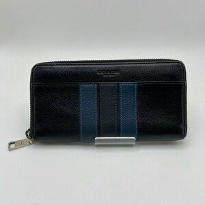 １円～　A-1　60　COACH　コーチ　長財布　ロングウォレット　ラウンドジップ　F24660　ダークネイビー　ストライプ