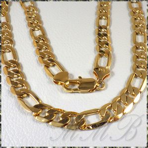 [NECKLACE] 24K GOLD PLATED FIGARO CHAIN STANDARD LONG LENGTH 6面カット フィガロチェーン ゴールド ネックレス 10x600mm (58g)送料無料の画像1